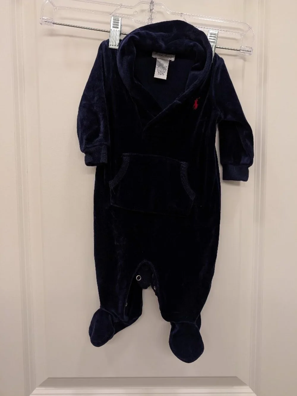 Ralph Lauren Baby Boys 3M Navy Blue Velour Footed One-Piece Coverall Romper